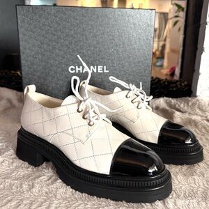 Chanel Lace Up Black and White Leather Oxford Shoes